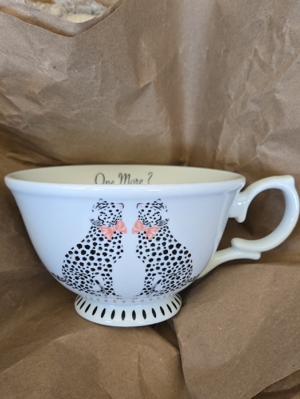 White Ceramic Leopard Print Accent Teacup with Pink Bows (2)